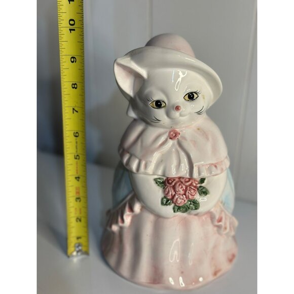 VTG Ceramic Cat Cookie Jar Dressed Kitty in Bonnet & Floral Dress Retro 90s 10" - Picture 10 of 10